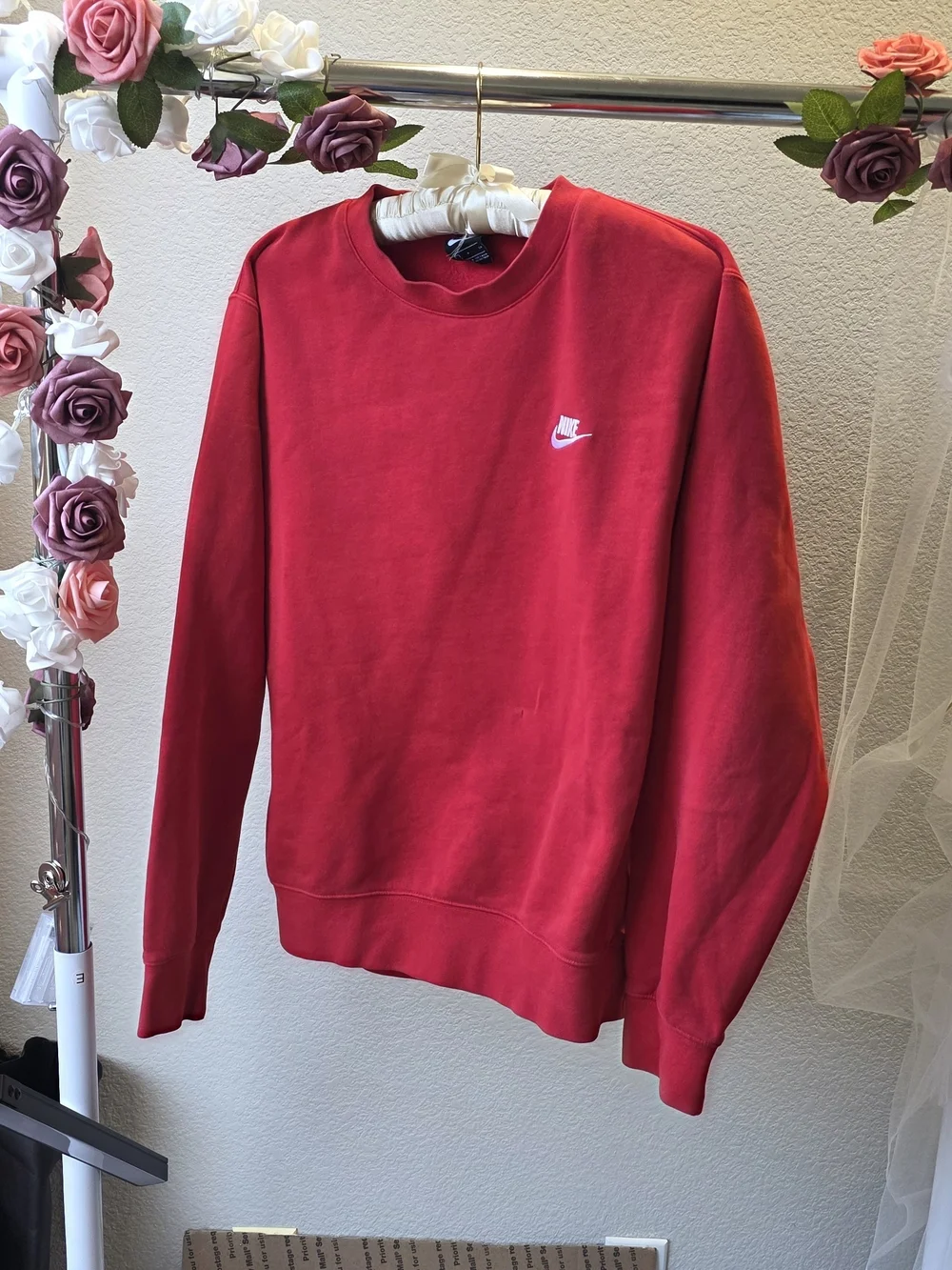 Nike Red Crewneck Oversized Sweatshirt with Small White Swoosh